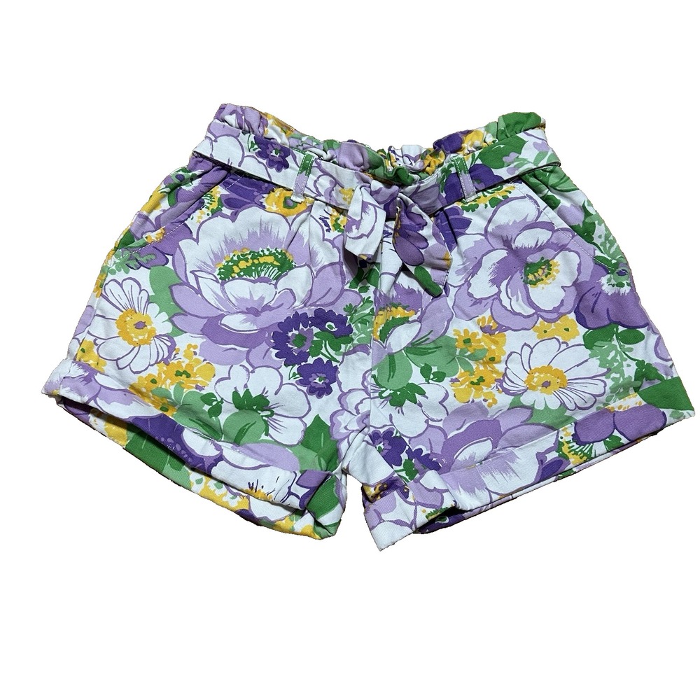 Janie & Jack Girls Purple Floral Shorts Lavender Elastic Waist Belted‎ Size 7